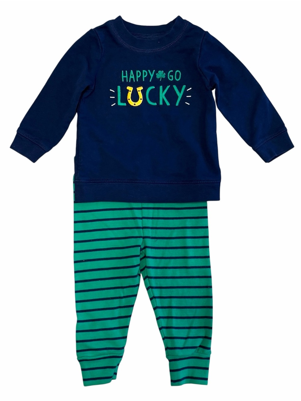 12M St Patrick’s Day 2pc Outfit “Happy Go Lucky” Navy Blue and Green 9-12 Months
